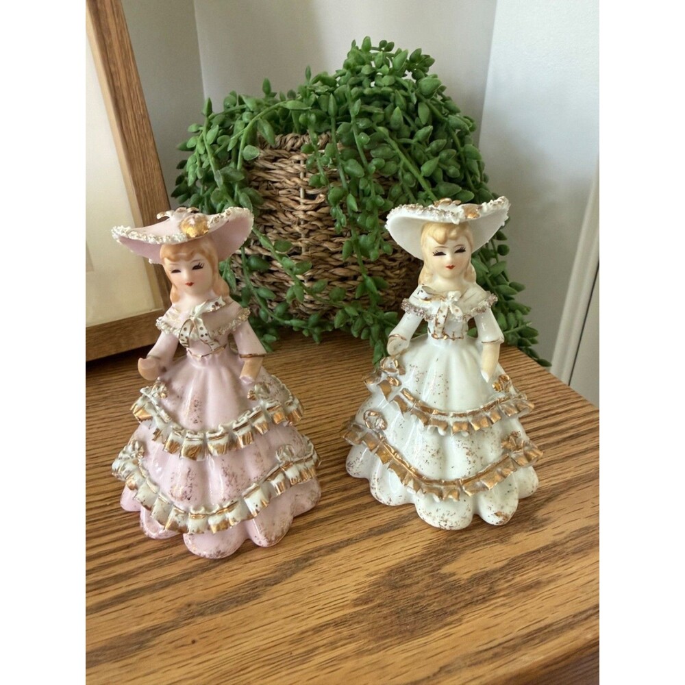 Two Vintage Lefton Porcelain Figurines, Pink and White, Ruffled Dresses and Wide